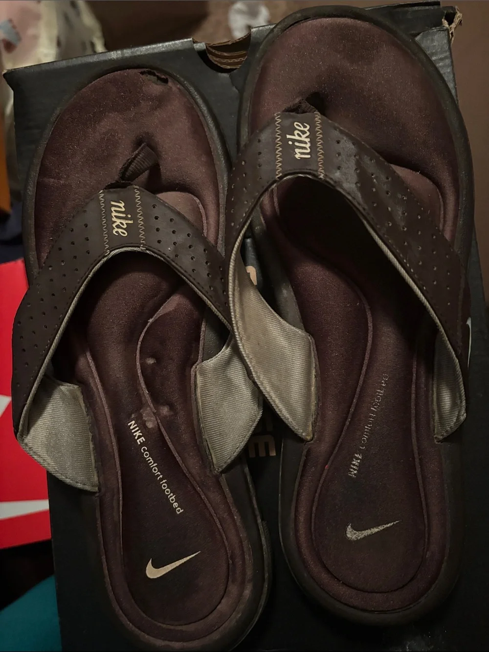 Nike Brown and Tan Women's Comfort Flip Flops